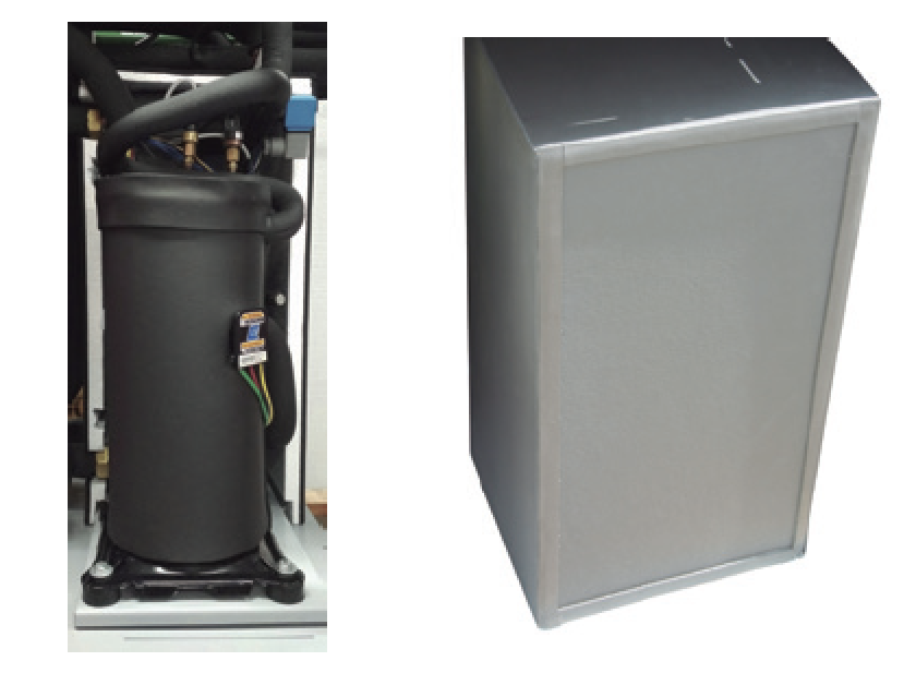 Basso livello acustico. Sistema di isolamento acustico specifico per il compressore e il modulo di refrigerazione. Utilizzo di diversi materiali isolanti per attenuare la gamma di frequenze più elevata
